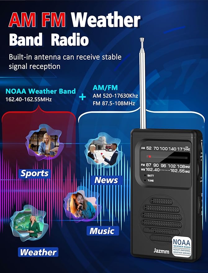 Pocket NOAA Weather Radio,Portable AM FM Battery Operated Radio with 3W Speaker,Transistor with Best Reception,Back Clip,Flashlight,Earphone Jack,Powered by 2 AA Battery for Emergency