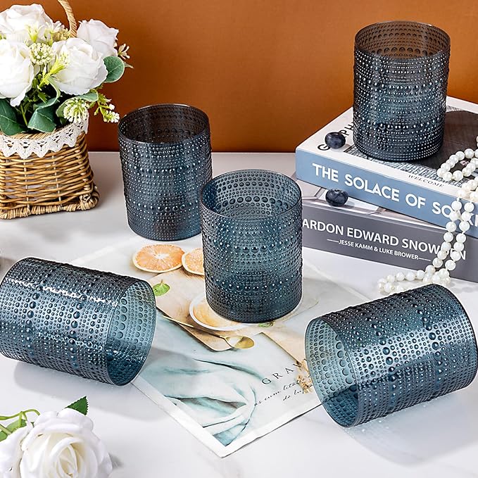 18PCS Hobnail Plastic Drinking Glasses - 14Oz Beaded Mixed Drinkware Sets Disposable - Blue Vintage Plastic Bubble Easter Glassware for Beer, Juice, Cocktail, Whiskey, and Various Mixed Drinks