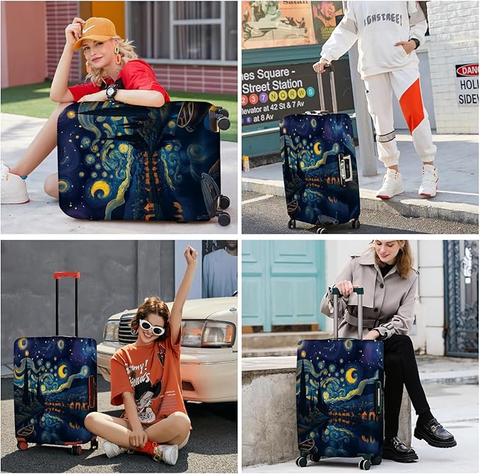 ANNA QUEEN Starry Night Art Luggage Cover, Van Gogh Inspired Suitcase Protector, Washable Stretchable Travel Sleeve for 24-26 Inch Luggage