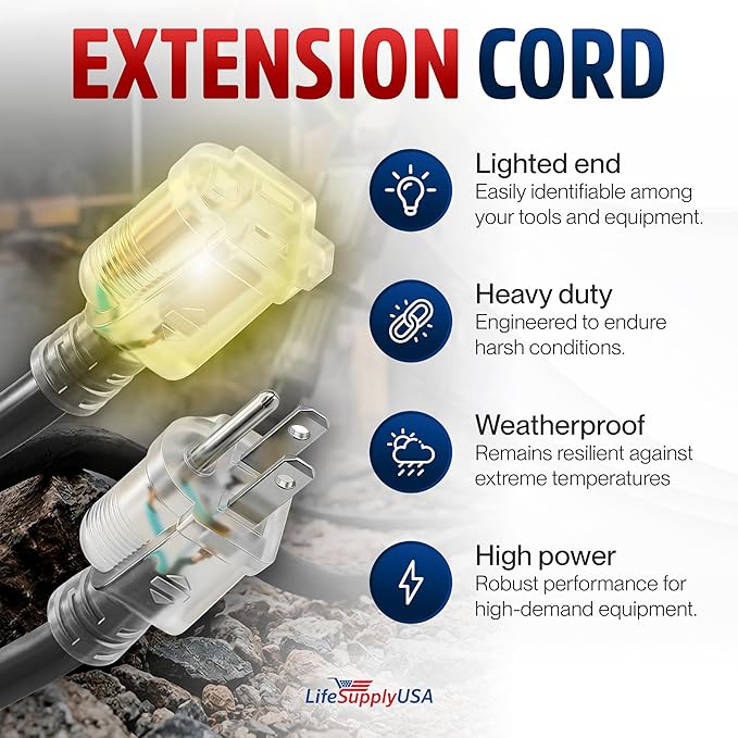 25ft Outdoor/Indoor Extension Cord 12/3 Gauge Extra Heavy Duty 3 Prong SJTW, Waterproof, Flexible Cold-Resistant Long Power Cord,15A 125V 1875W, Black by LifeSupplyUSA