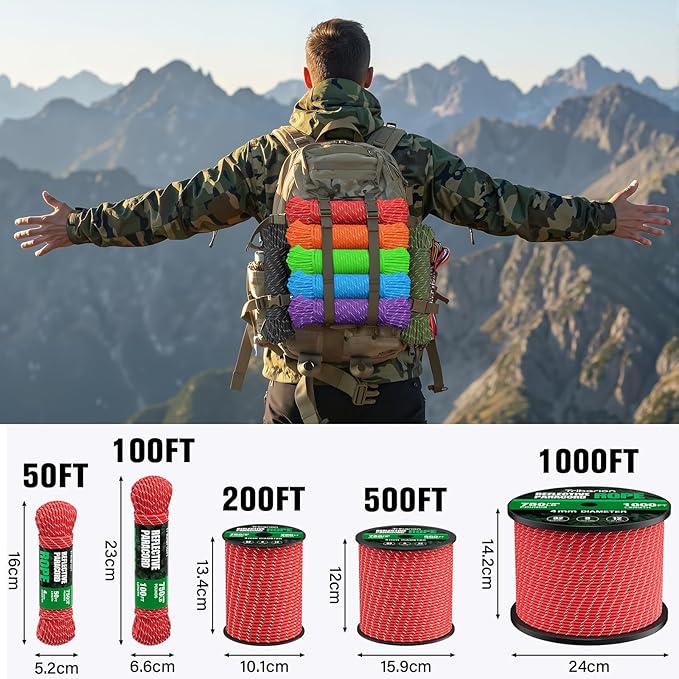 Reflective Paracord Rope 750 lb - 1000ft 5/32" Parachute Cord 4MM 12-Strand para Cord - Heavy Duty Spool String for Survival,Camping Gear, Survival Bracelet, Clothesline - Red