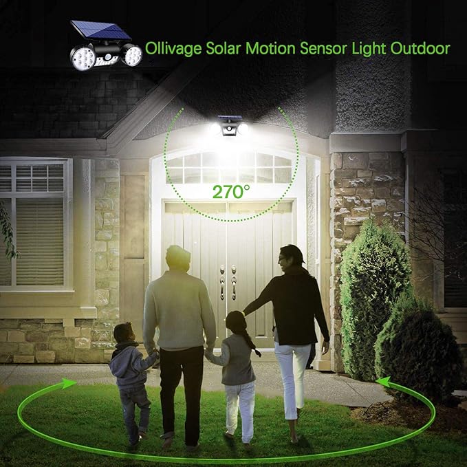 Solar Lights Outdoor, Motion Sensor Security Lights Solar Wall Lights with Dual Head Spotlights LED Waterproof 360° Adjustable Solar Motion Lights Outdoor for Garden Garage Patio, 1 Pack