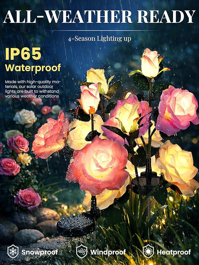 GIGALUMI Solar Lights Outdoor for Garden Decor, 3 Pack Solar Flower Lights Waterproof, 2 Lighting Modes 9 Roses for Pathway,Yard, Patio Decoration, Gardening Gifts for Women (Multi-Colored)