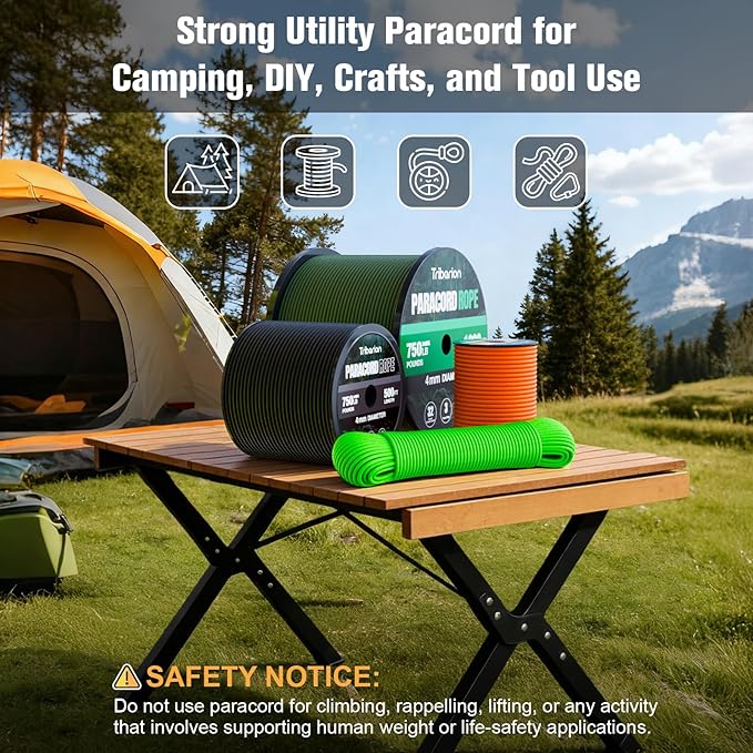 Paracord Rope 750 lb - 1000ft / 500ft / 200ft / 100ft 5/32" Parachute Cord 4MM 12-Strand para Cord - Heavy Duty Spool String for Survival,Camping Gear, Survival Bracelet, Clothesline