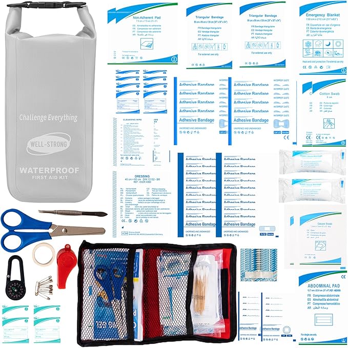Boat First Aid Kit Waterproof, WELL-STRONG Marine Emergency Kit with Roll Top Dry Bag for Boating Fishing Kayaking – Water-Resistant Contents for Camping & Beach（Light Grey）