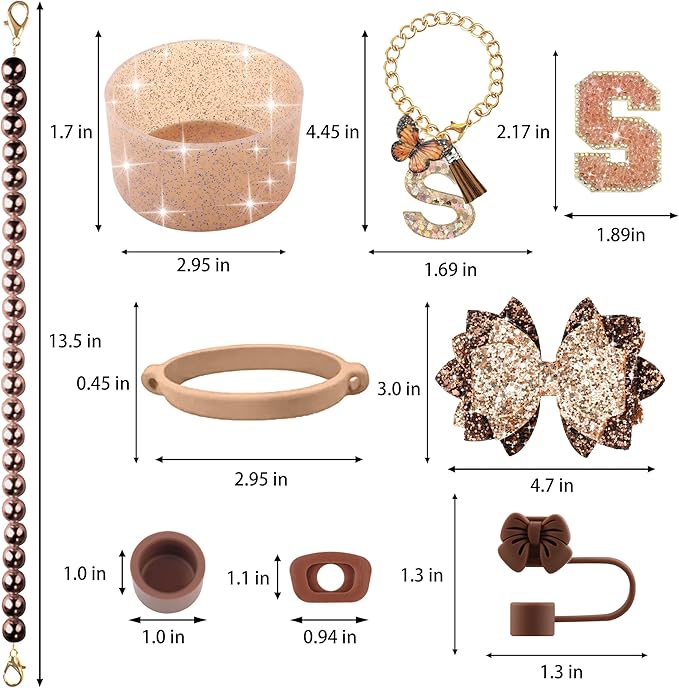 9PCS Brown for Stanley Cup Accessories Set Bling Initials Bow Charms for Stanley Decorations 30/40 Oz Tumbler Accessories Including Bow Straw Topper, Handle Strap, Spill Stopper（Letter S）