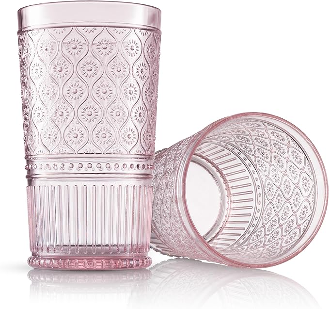 Godinger Highball Drinking Glasses, Acrylic Drinking Glasses Set, Elegant Tall Plastic Cups, Vintage Romantic Decor - Set of 4, Blush (Pack of 2)