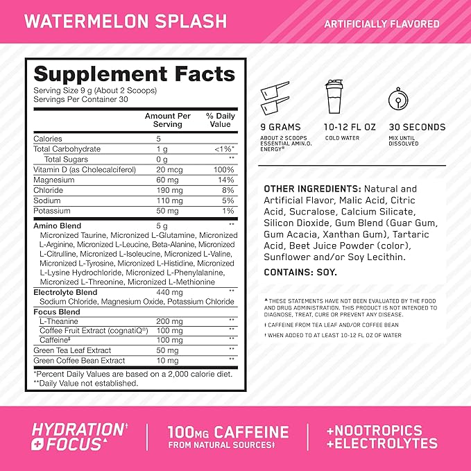 Optimum Nutrition Amino Energy Powder Plus Focus, with BCAA, Electrolytes, and Caffeine, Watermelon, 30 Servings (Packaging May Vary) (Pack of 6)