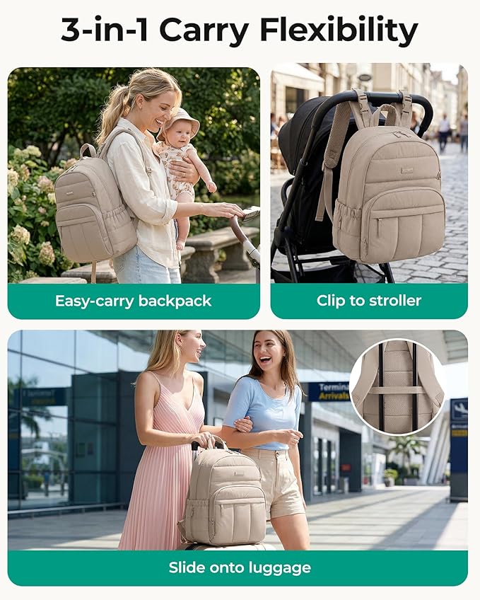 BAGSMART Diaper Bag Backpack, Multi-Pocket Puffy Diaper Bag with Waterproof Changing Pad, Lightweight Stroller-Friendly Diaper Bag with Insulated Pockets, Easy-Access Baby Essential, Camel