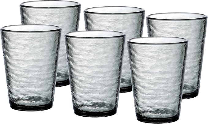 KLIFA- RIPPLE- 16 ounce, Set of 6, Acrylic Tumbler Drinking Glasses Cups, BPA-Free, Stackable Plastic Drinkware, Dishwasher Safe, Gray-Black