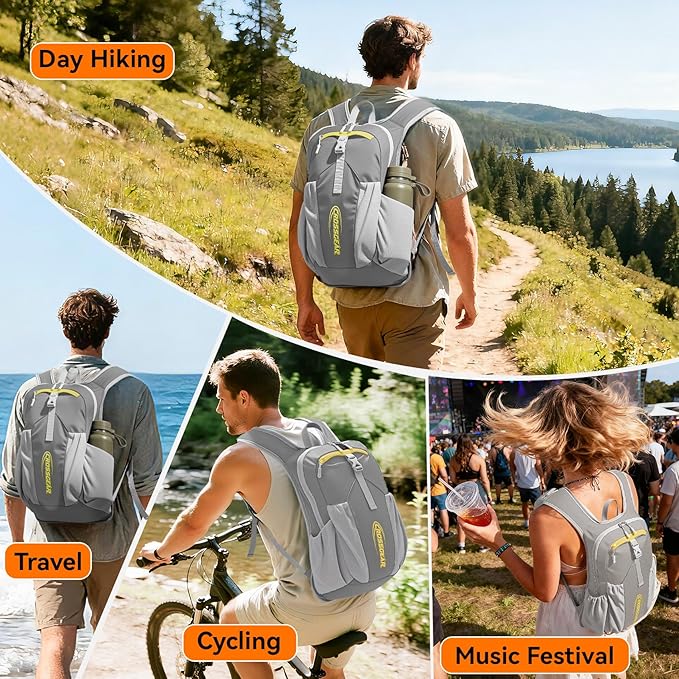 16L Small Hiking Backpack, CROSSGEAR Lightweight Waterproof Foldable Backpack, Travel Camping Outdoor Daypack for Women Men, Gray