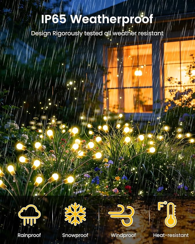 OZS 4 Pack Total 32 LED Solar Garden Lights Fairy Outdoor - Solar Firefly Lights Outdoor, Sway by Wind, Waterproof for Garden Patio Pathway Fairy Decoration (Warm White)
