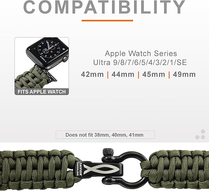 Savior Survival Gear Paracord Watch Band - Compatible with Apple Watch Band 49mm 46mm 45mm 44mm 42mm - iWatch Band Series Ultra 10 9 8 7 6 5 4 3 2 1 SE – Adjustable strap for men (Black, Large)