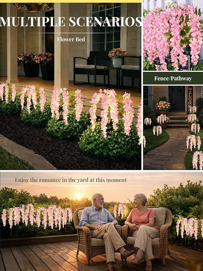GIGALUMI Solar Lights Outdoor for Garden Decor, 2 Pack Solar Flower Lights Waterproof, 2 Lighting Modes Wisteria for Pathway,Yard, Patio Decoration, Gardening Gifts for Women (Pink)