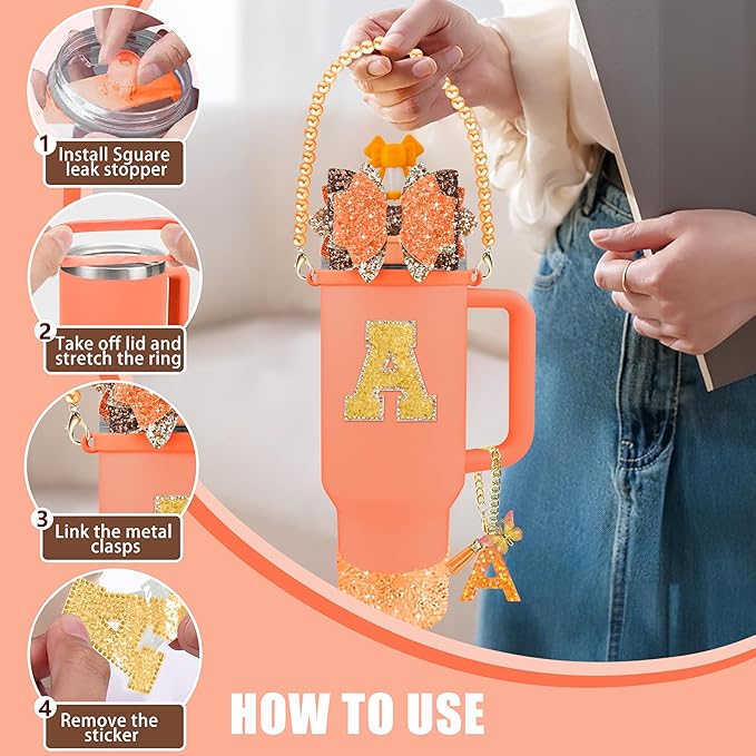 9PCS Orange for Stanley Cup Accessories Set Bling Initials Bow Charms for Stanley Decorations 30/40 Oz Tumbler Accessories Including Bow Straw Topper, Handle Strap, Spill Stopper（Letter R）