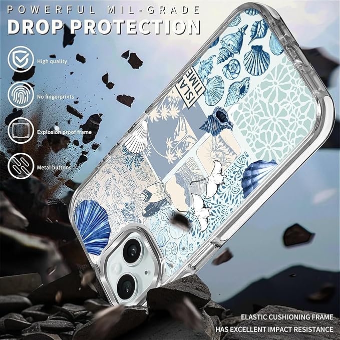 Case for iPhone 14 Plus/15 Plus,[Compatible with MagSafe],Sea Life Ocean Waves Seashell Collage Phone Case Design，for Women Girls Magnetic Clear Cover - Slim, Sleek, & Shockproof Protection