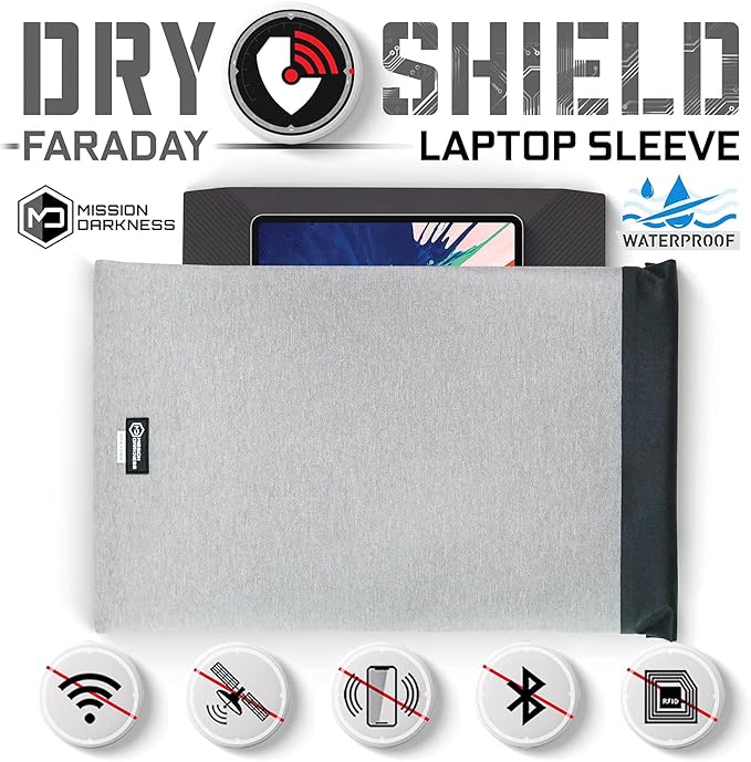 Mission Darkness Dry Shield Faraday Laptop Sleeve // Slim Waterproof Bag for Laptop Computers, RF Shielding Liner, Felt Padding, Magnetic Roll Closure, Signal Blocking, Anti-Hacking, Data Security
