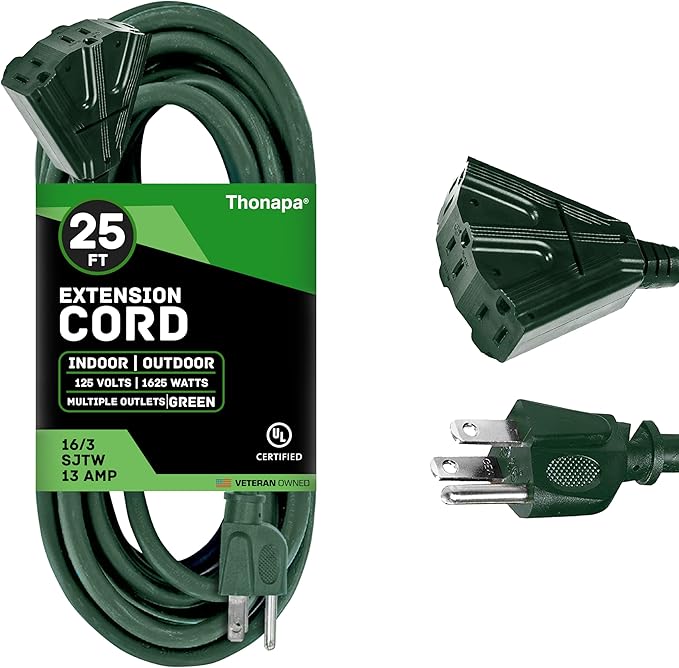 Thonapa Weatherproof Green Extension Cord 25 ft 3 Outlets, 16/3 SJTW Outdoor Extension Cord with Multiple Outlets 25 Foot, 13 AMP Exterior Electric Cable 3 Way Plug for for Outdoor Lights, Landscaping
