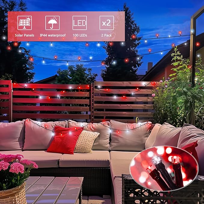 JMEXSUSS 2 Pack Solar String Lights Outdoor Waterproof, Total 66 FT 200 LED Solar Christmas Lights Outdoor, Twinkle Light for Christmas Tree Outside Garden Yard Xmas Decor, Red and White