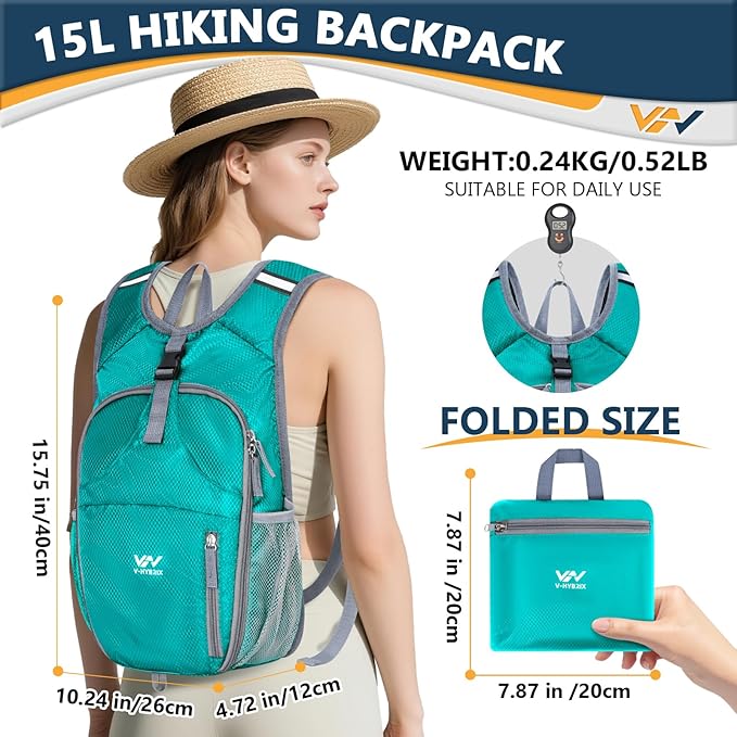 15L Foldable Hiking Backpack,Lightweight Packable Waterproof Machine Washable Daypack with Chest Strap,Small Folding Pack for Travel/Walking for Men&Women-0.52LB Green