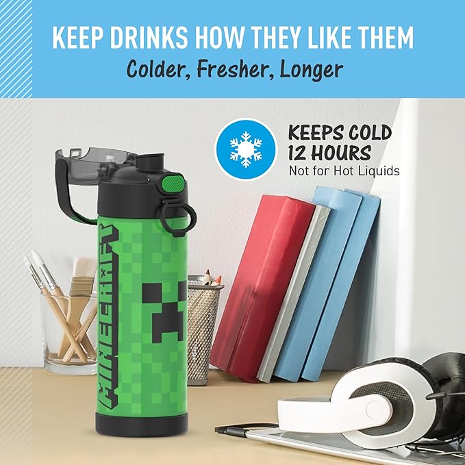 THERMOS FUNTAINER 16 Ounce Stainless Steel Vacuum Insulated Bottle with Wide Spout Lid,MINECRAFT,(Pack of 6)