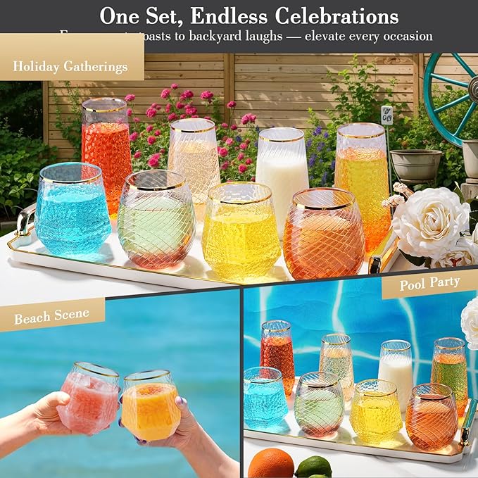 48 Pack Plastic Wine Glasses – 24 x 9oz Stemless Champagne Flutes & 24 x 12oz Disposable Wine Glasses – Elegant Disposable Plastic Cups with Gold Rim – BPA-Free Drinkware for Weddings, Parties-Spiral