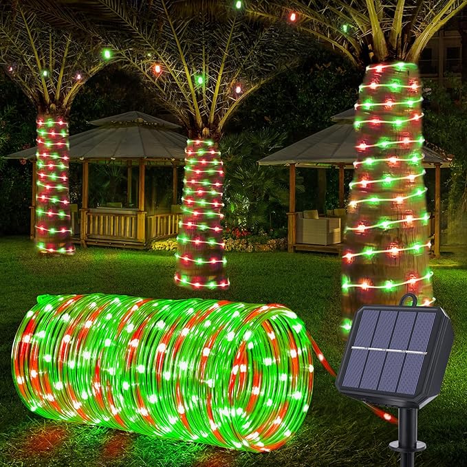 Solar Rope Lights, 33ft 100LED Solar String Lights, 8 Modes Waterproof Solar Powered Outdoor Light, Flexible Clear Tube Light for Garden Backyard Patio Deck Porch Pool Tree Christmas Decor- Red&Green