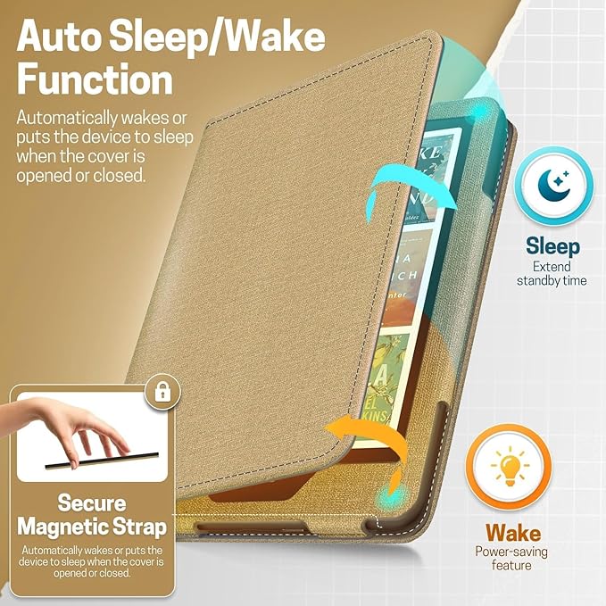 TNP Stand Case with Strap for Kindle Paperwhite 12th Gen 2024 / Kindle Colorsoft Signature Edition - 7" PU Leather Protective Folio Cover with Auto Wake/Sleep & Card Slot, Gold