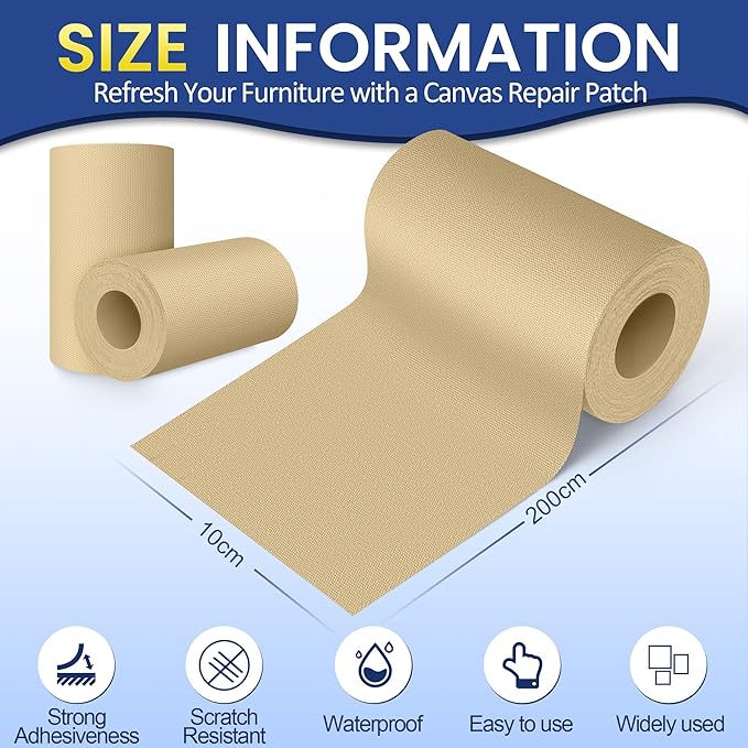 Self-Adhesive Canvas Repair Tape, 4" x 79" Waterproof Canvas Repair Patch, Fabric Patch Repairs Kit for Furniture, Tents, Sunbrellas, Boat Covers Awnings, Couches, Clothes, Bags Beige