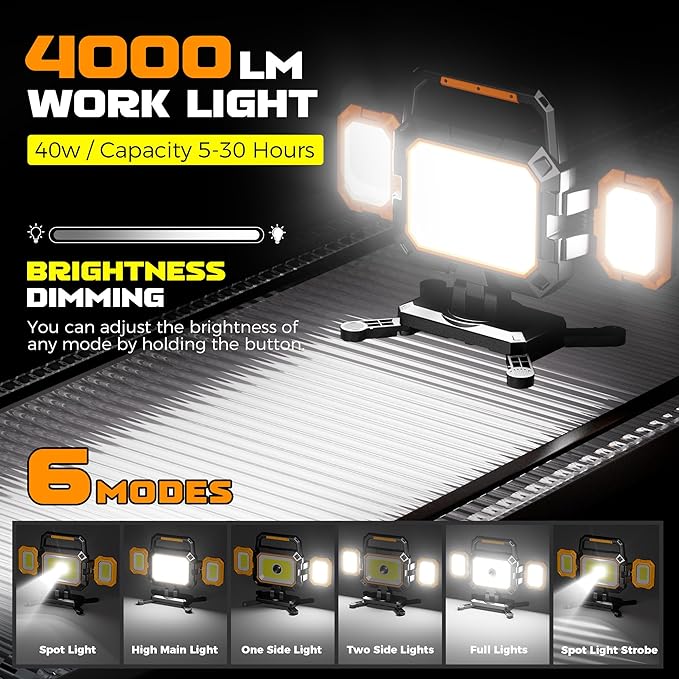 YZONI 40W Rechargeable Work Light, 4000LM Magnetic LED Work Light with 6 Modes, Battery Powered Portable Mechanic Lights with 360°Rotate Foldable Design for Auto Car, Garage, Workshop