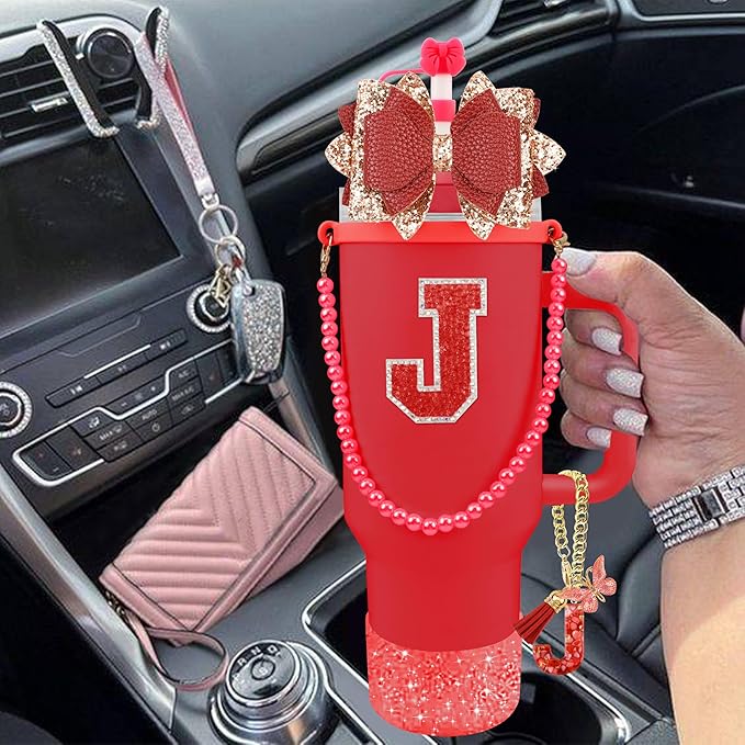 9PCS Red for Stanley Cup Accessories Set Bling Initials Bow Charms for Stanley Decorations 30/40 Oz Tumbler Accessories Including Bow Straw Topper, Handle Strap, Spill Stopper（Letter J）