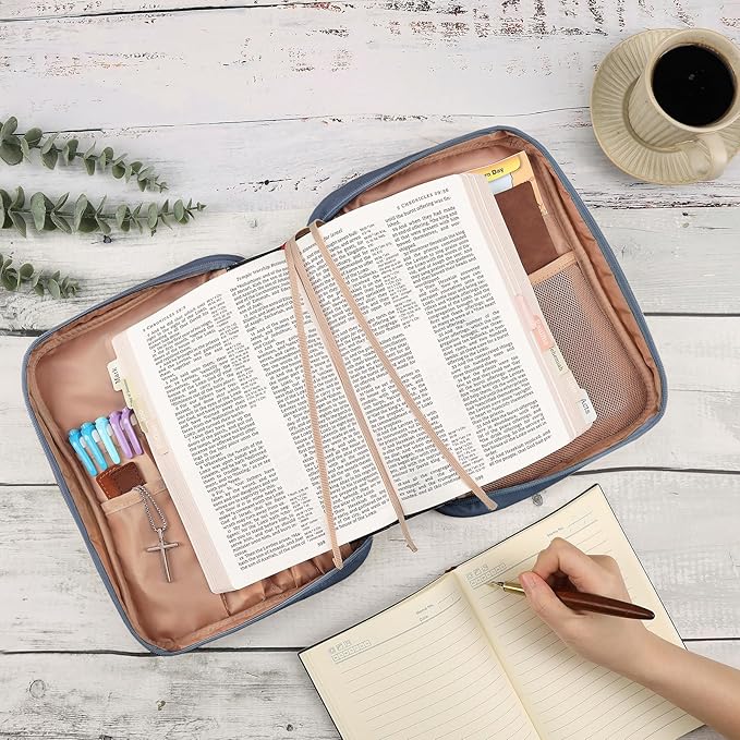 FINDCOZY Bible Cover for Women, Durable Carrying Book Case Church Bag for Biblical Accessories with Handle and Zippered Pocket, for Scriptures, Blue