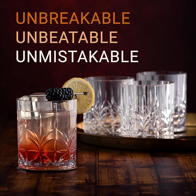 Bravario Unbreakable Plastic Whiskey Glasses | Shatterproof 100% Tritan Double Rocks | Dishwasher-Safe | BPA-free | Perfect for Outdoor Cocktail Bourbon | 13 oz, Set of 4