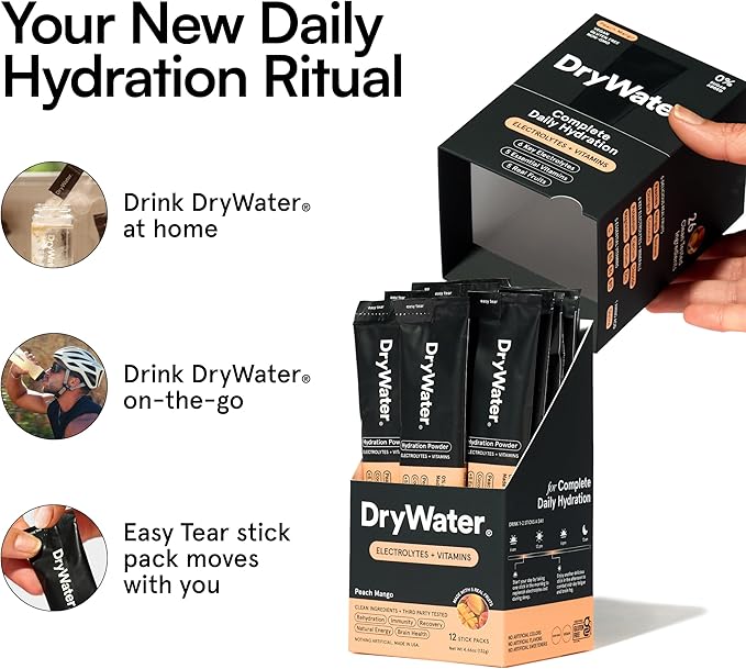 DryWater Electrolyte Powder Packets, Peach Mango - Hydration Packets Drink Mix with Zero Added Sugar for Rehydration & Energy - 6 Key Electrolytes, 5 Essential Vitamins & 5 Real Fruits - 12 Pack