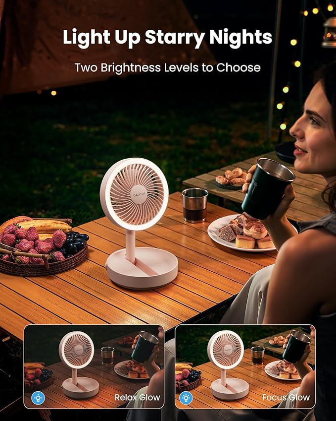 Gaiatop Foldable Small Desk Fan, 6000mAh Battery Powered Portable Fan with LED Night Light, USB Rechargeable, Bedroom Office Dorm Travel Camping Essentials, Cruise Gifts for Women Girls Mom, Pink