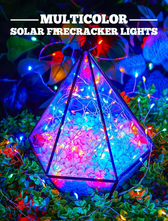 Brightown Solar Lights for Outside, 10Ft 120 LED Solar String Lights Outdoor Waterproof, 8 Modes Firecracker Balcony Light for Tree Patio Christmas Party Wedding Decor, Multicolor
