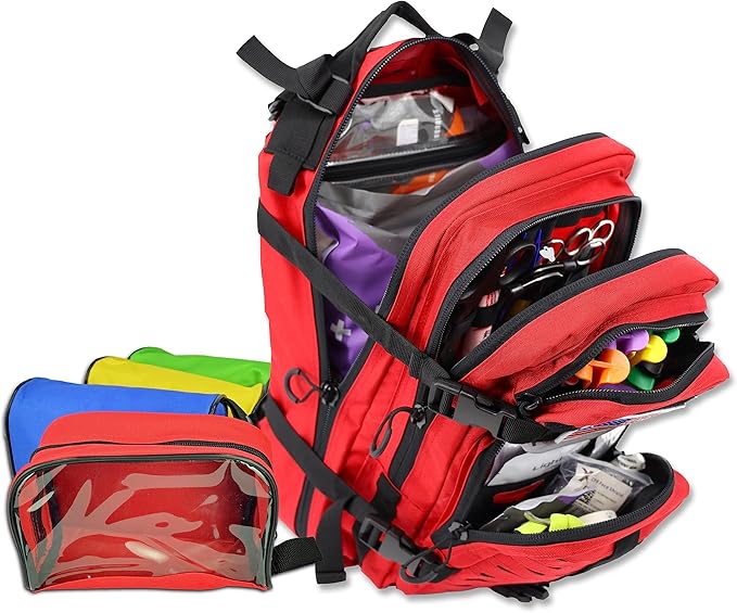 Lightning X Stocked EMS/EMT Trauma & Bleeding First Aid Responder Medical Backpack + Kit + Pouches - RED