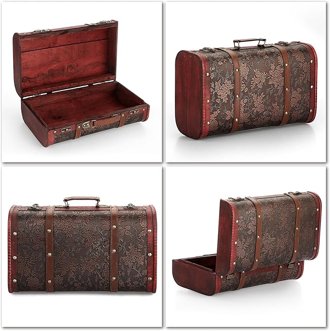 ELLDOO Vintage Wooden Storage Chest, Portable Decorative Luggage Suitcase With Grape Pattern, Pirate Treasure Keepsakes Box for Gifts, Decor and Travel