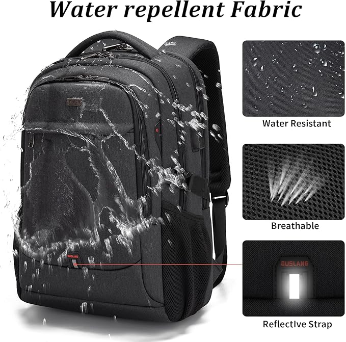 DUSLANG 17 Inch Laptop Backpack for Travel Water Resistant College Backpack for Men Women Laptop Bag with USB Charging Port Tablet Sleeve Bag, Black