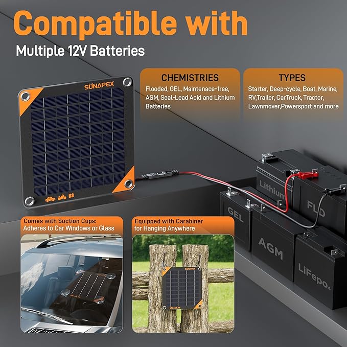 SUNAPEX 12V 5 Watt Solar Trickle Charger Maintainer - Waterproof Solar Powered Battery Charger - Solar Panel Kit Built-in Smart Charge Controller for Car Rv Trailer Truck Boat Automotive Marine