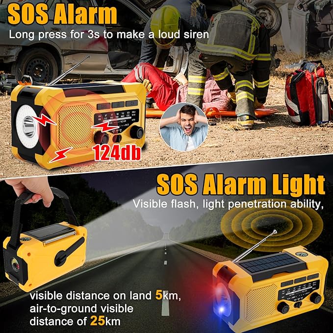 Emergency Hand Crank Radio with LED Flashlight, AM/FM NOAA Portable Weather Alert Radio, Solar Powered Radio with Phone Charger, USB Charged, Headphone Jack, SOS Alarm, Compass for Outdoors Yellow