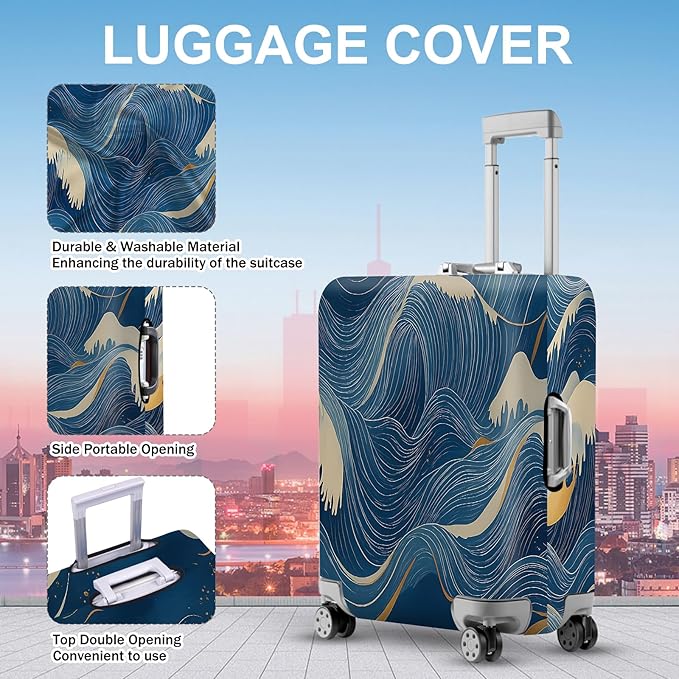 ANNA QUEEN Ocean Wave Luggage Cover, Elegant Blue Flow Line Design Suitcase Protector, Washable Stretchable Travel Sleeve for 28-30 Inch Luggage