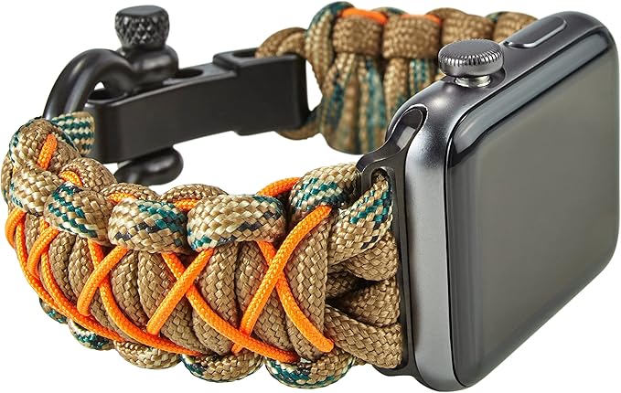 Savior Survival Gear Paracord Band,Compatible with Apple Watch Band 49mm 46mm 45mm 44mm 42mm,iWatch Band Series Ultra 10 9 8 7 6 5 4 3 2 1 SE,Adjustable strap for men (Brown-Brown Camo-Orange,Large)