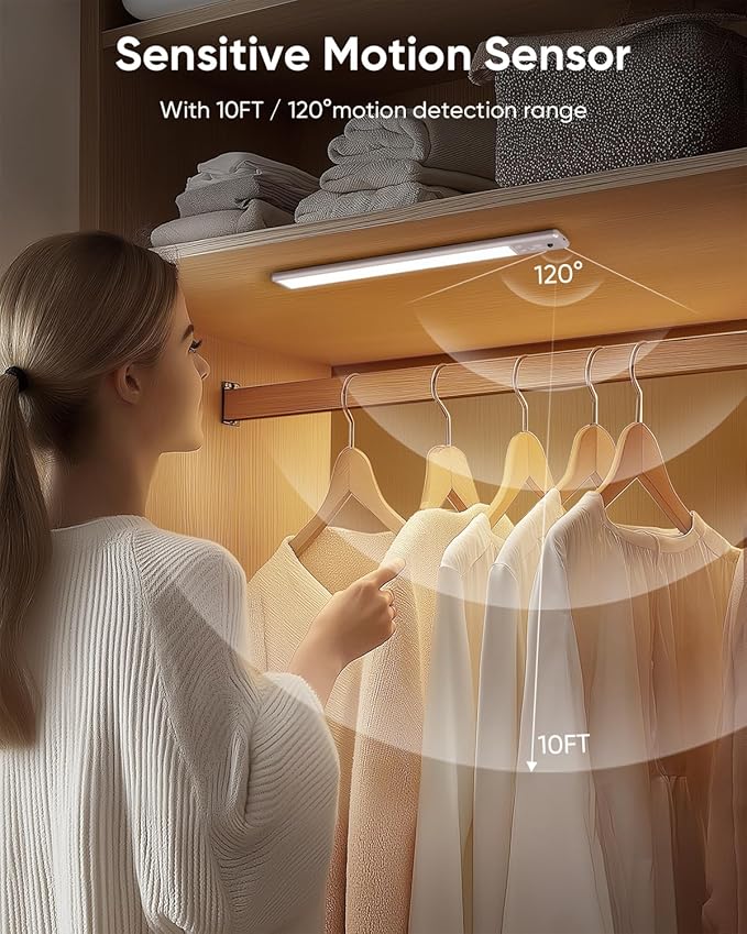 Under Cabinet Lighting Wireless, 2200mAh Rechargeable Motion Sensor Light Indoor, 3 Color Temps, Dimmable, Wireless LED Closet Lights Remote, Magnetic Under Counter Light for Kitchen, Pantry, 6 Pack