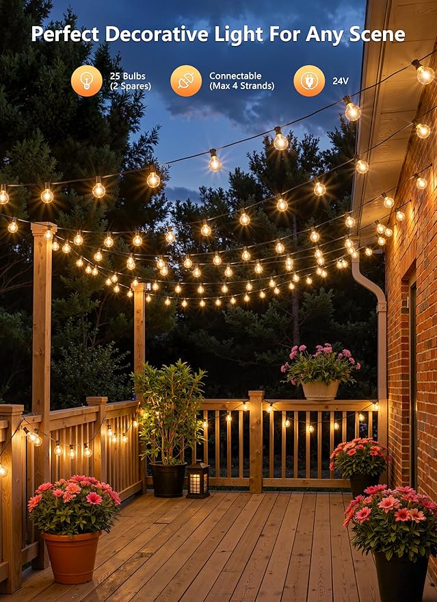 Brightown Outdoor String Lights, 55FT 25 G40 Bulbs Shatterproof Patio Lights, Waterproof Dimmable Hanging Connectable Globe LED Outdoor Lights for Backyard, Bistro, Porch, Deck, Balcony