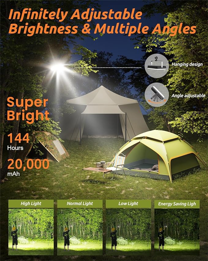 Eventek LED Camping Lantern Rechargeable, 20000mAh Portable Camping Lights up to 144 Hours & 4 Light Modes, IPX5 Waterproof Camping Essentials for Power Outages, Emergency, Tent, Gift for Men