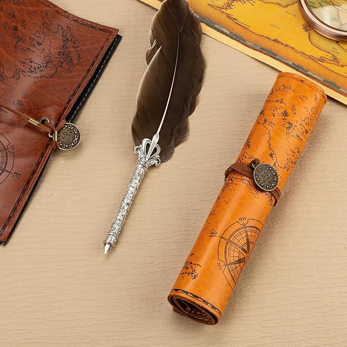 4 Pieces Leather Pencil Case, Creative Map Rollup Pencil Bag, Vintage Makeup Brush Pouch, Brown PU Matte Smooth Cover Storage Pouch Holder Organizer