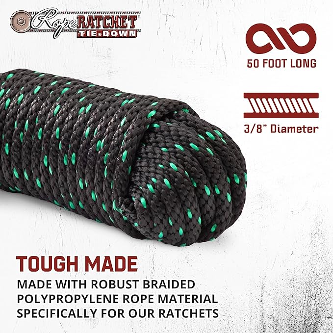 Rope Ratchet 1/2" 50 ft Braided Polypropylene Utility Cord, Weather Resistant Indoor Outdoor for Gardening, DIY Projects, Securing Loads, Binding, Knot Tying, Tarp Use, 500 lb Capacity - Black/Green