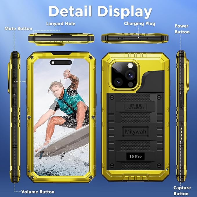 Mitywah Waterproof Case for iPhone 16 Pro, Shockproof Heavy Duty Case with Built-in Screen Protector, Underwater Full Body Protective Metal Case 6.3 inch, Yellow