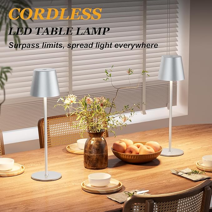 Kakanuo Cordless Table Lamp Rechargeable - Silver Grey 2 Pack 5000mAH Battery Operated Lamp for Counter, 3 Color Stepless Dimming Wireless Lamp for Dining Kitchen, Outdoor Patio, Touch Control